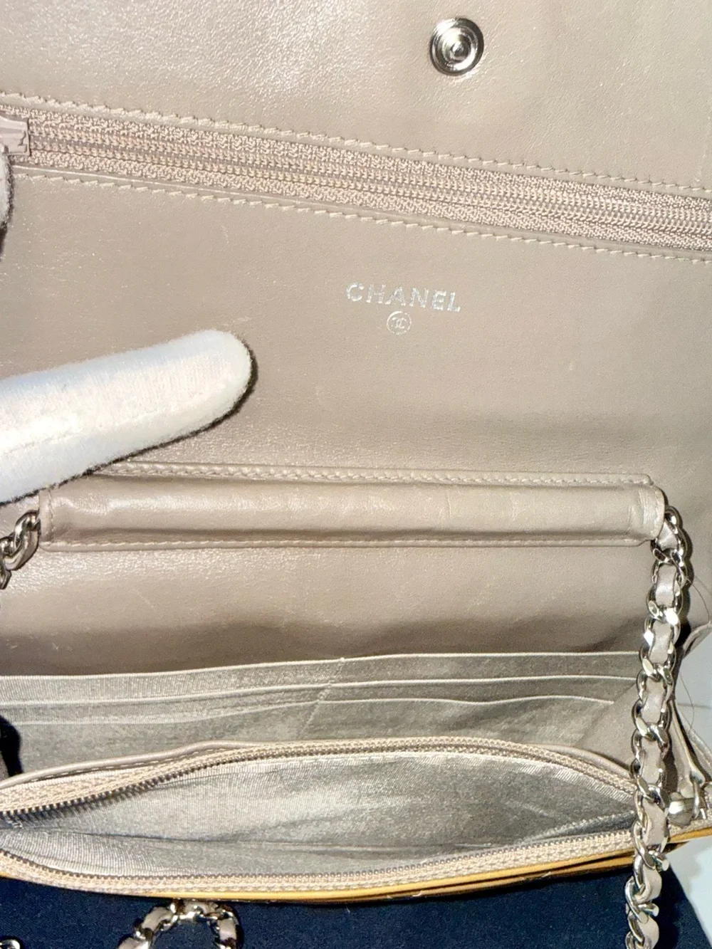CHANEL Metallic champagne Patent Quilted WOC Silver Hardware RARE Color